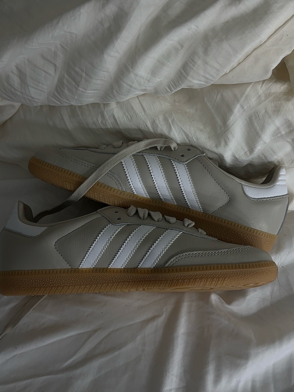 Adidas women’s Classic Samba Sneakers in Light Gray with Gum Sole